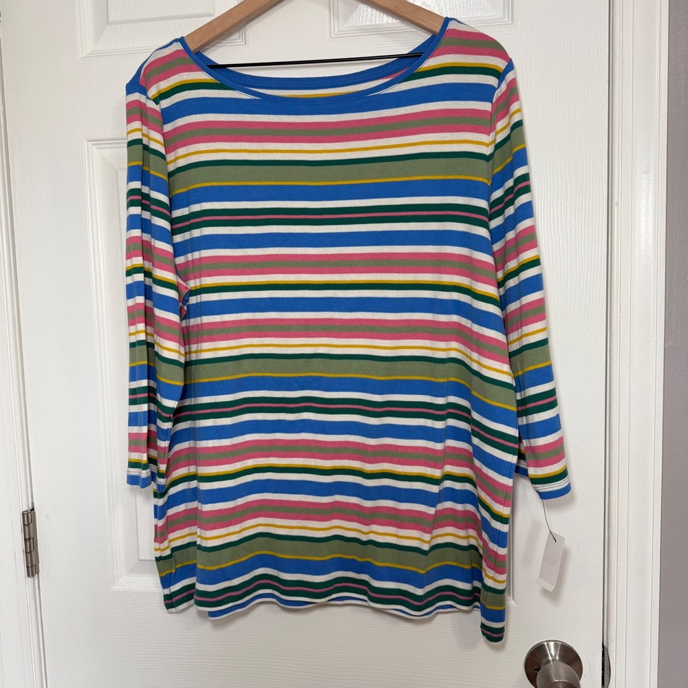 NEW Talbots Tee Womens 2X Plus Multi Color Striped Boat Neck 3/4 Slv Cotton Top
